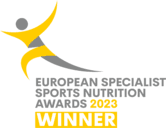 Logo : Figure abstraite en jaune et gris, « Lauréat des European Specialist Sports Nutrition Awards 2023 ».