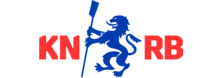 Texte rouge « KNRB » avec un lion bleu tenant une rame sur fond blanc.